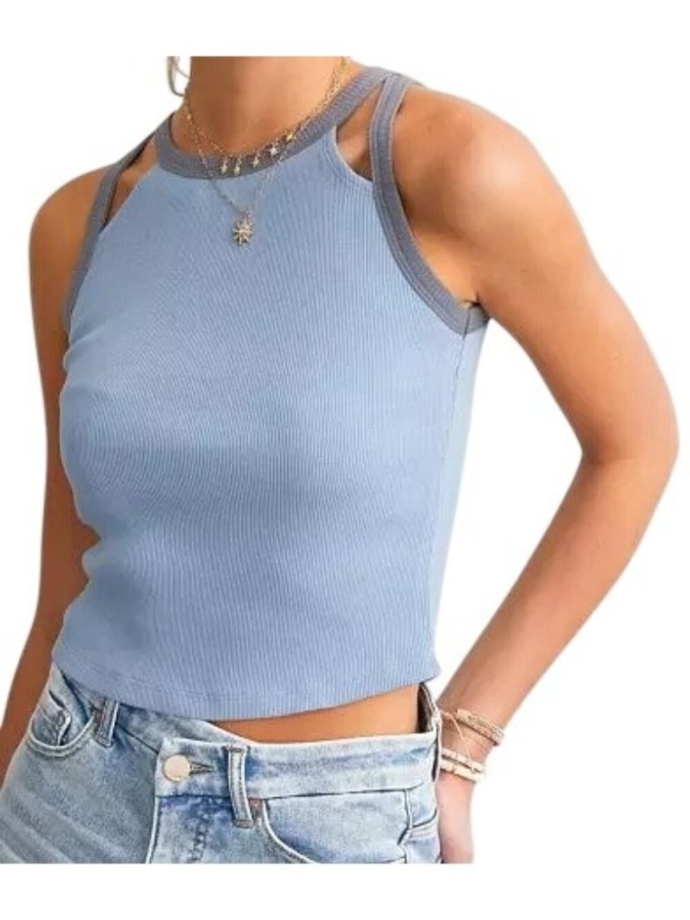 Fitz + Eddi Tank Top Size Large Cutout Sleeveless High Neck Crop Top Blue Cotton